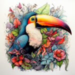 Tukan mit orangefarbenem Schnabel, umgeben von tropischen Blüten in Rot und Pink | Toucan with orange beak surrounded by tropical flowers in red and pink