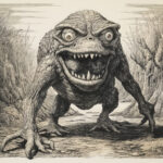 Detaillierte Tuschezeichnung eines lauernden Monsters mit riesigem Maul und Reißzähnen | Detailed ink drawing of a crouching monster with enormous gaping mouth and sharp fangs