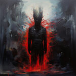 Schwarze Silhouette einer Figur mit explodierendem rotem Licht, expressives Ölgemälde | Black silhouette of a figure with exploding red light, expressive oil painting