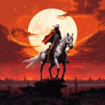 Cowboy mit rotem Umhang auf weißem Pferd vor glutrotem Sonnenuntergang in Wüste | Cowboy in red cape on white horse against fiery sunset sky in desert landscape