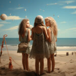 Drei Mädchen in Sommerkleidern am Strand, surreale Vögel und Kugel im Himmel | Three girls in summer dresses on beach, surreal birds and sphere floating in sky