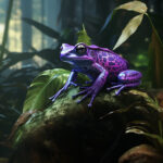 Violetter Pfeilgiftfrosch mit schwarzen Flecken sitzt auf moosigem Stein im Regenwald | Purple poison dart frog with black spots sitting on mossy stone in rainforest