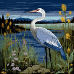 Stilisierter blau-weißer Reiher am Seeufer mit Schilfgras und gelben Blüten | Stylized blue-white heron at lakeshore with reed grass and yellow flowers