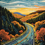 Linolschnitt: Kurvenreiche Straße durch Herbstwald mit orangem Abendhimmel | Linocut: Winding road through autumn forest under orange evening sky