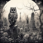 Eule auf Grabstein unter Vollmond, gotischer Friedhof mit Grabmälern, Tuschezeichnung | Owl on gravestone under full moon, gothic cemetery with monuments, ink drawing