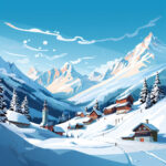 Verschneites Alpendorf mit Holzchalets, Kirchturm und schneebedeckten Gipfeln | Snowy Alpine village with wooden chalets, church steeple and snow-capped mountain peaks