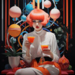 Frau mit pinkem Bob hält zwei Gläser Orangensaft, surrealer Hintergrund mit Kugeln | Woman with pink bob holds two glasses of orange juice, surreal background with spheres