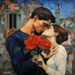 Kubistisches Gemälde: Küssendes Paar mit roten Rosen vor geometrischer Stadtkulisse | Cubist painting: kissing couple holding red roses against a geometric urban backdrop