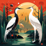Zwei stilisierte Kraniche vor goldener Sonne, roter Himmel, Wald und See | Two stylized cranes facing each other, golden sun, red sky, forest and lake