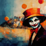 Abstrakter Clown mit orangenem Zylinder, roter Fliege, weißer Maske vor bunter Stadtkulisse | Abstract clown with orange top hat, red bow tie, white mask against colorful townscape