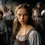 Junge Frau in mittelalterlichem Gewand mit ernstem Blick, Menschenmenge im Hintergrund | Young woman in medieval dress with serious gaze, crowd of people in background