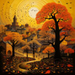Stilisiertes Herbstdorf mit orangeroten Bäumen, Schwarmvögeln und spiralförmiger Sonne | Stylized autumn village with orange-red trees, flock of birds and spiral sun
