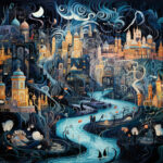 Fantasiestadt mit Türmen, Fluss und Halbmond unter wirbelndem Nachthimmel | Fantasy city with towers, river and crescent moon under swirling night sky