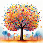 Abstrakter Baum mit bunten Kreisen als Krone, kleine Bäume im Hintergrund | Abstract tree with colorful circles as crown, small trees in background