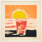 Siebdruck: Rotes Cocktailglas mit Zitrusscheiben vor strahlender Sonnenuntergang-Kulisse | Screen print: red cocktail glass with citrus slices against radiant sunset backdrop