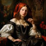 Junge Frau im Barockstil mit rotem Kopftuch, Goldschmuck und schwarzem Brokatkleid | Young woman in baroque style with red headscarf, gold jewelry and black brocade dress