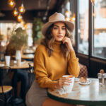 Junge Frau mit beigem Hut und senfgelbem Pullover hält Kaffeetasse im Café | Young woman in beige hat and mustard sweater holding coffee cup in cozy café