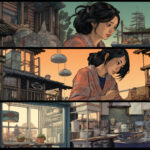 Dreiteiliger Manga-Comic: Frau im Kimono vor asiatischer Stadtkulisse und Küche | Three-panel manga comic: woman in kimono against Asian cityscape and kitchen setting