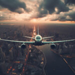 Passagierjet fliegt frontal über nächtliche Großstadt mit Fluss bei dramatischem Sonnenuntergang | Passenger jet flies head-on over illuminated city with river under dramatic sunset clouds