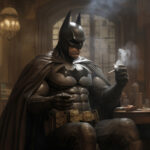 Batman in Rüstung sitzt rauchend in düsterem gotischen Raum, KI-Kunst | Batman in armor sits smoking in a gloomy gothic room, AI art