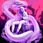 Junge Frau in weißem Hoodie sitzt auf riesiger weißer Schlange, lila-pinke Neon-Ästhetik | Young woman in white hoodie sits on giant white snake, purple-pink neon aesthetic
