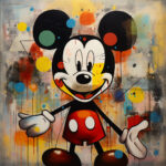 Mickey Mouse Pop-Art-Gemälde mit bunten Farbspritzern und abstraktem Hintergrund | Mickey Mouse pop art painting with colorful paint splatters and abstract background