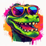 Grünes Krokodil mit bunter Sonnenbrille, offenes Maul, Graffiti-Stil | Green crocodile with colorful sunglasses, open jaw, graffiti art style