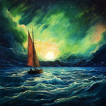 Segelboot mit rotem Segel auf stürmischer See unter leuchtendem Nordlicht-Himmel | Sailboat with red sail on stormy sea beneath glowing aurora-lit night sky