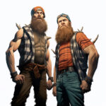 Zwei muskulöse Männer mit Vollbärten in karierten Westen, digitale Illustration | Two muscular bearded men in plaid vests with twigs, digital illustration art