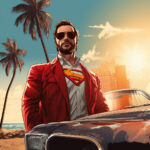 Mann im roten Sakko mit Superman-Logo, Sonnenbrille, Oldtimer, Palmen, GTA-Stil | Man in red blazer with Superman logo, sunglasses, classic car, palms, GTA-style art