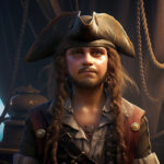 Digitales 3D-Portrait eines Piraten mit Dreispitz, langen Zöpfen und Narben | Digital 3D portrait of a pirate with tricorn hat, long braids and facial scars