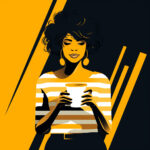Stilisierte Frau mit Kaffeebecher, gestreiftem Shirt und goldenen Ohrringen, Pop-Art-Stil | Stylized woman holding coffee cup, striped shirt, gold earrings, pop art style, black and yellow