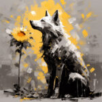 Wolf sitzt neben Sonnenblume, expressives Gemälde in Schwarz-Weiß und Gelb | Wolf sitting beside sunflower, expressive painting in black, white and yellow