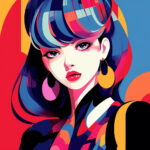 Pop-Art-Portrait einer Frau mit buntem Haar, roten Lippen und Creolen | Pop art portrait of a woman with colorful hair, red lips and hoop earrings