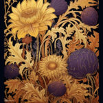Jugendstil-Illustration: Goldene Sonnenblumen und violette Artischocken auf schwarzem Grund | Art Nouveau illustration: golden sunflowers and purple artichokes on black background