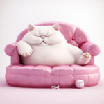Dicke weiße 3D-Katze schläft zufrieden auf rosa Polstersofa | Chubby white 3D cat sleeping contentedly on a pink tufted sofa