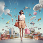 Stilvolle Frau mit Sonnenbrillle und Taschen in surrealer Stadtcollage mit fliegenden Objekten | Stylish woman with sunglasses and bags in surreal city collage with flying objects