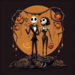 Skelett-Pärchen im Halloween-Stil vor orangem Mond mit Kürbislaternen | Skeleton couple in Halloween style before orange moon with jack-o'-lanterns
