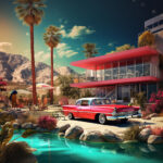 Roter Oldtimer vor Mid-Century-Villa mit Pool, Palmen und Bergen | Red vintage car in front of mid-century villa with pool, palms and mountains