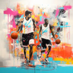 Zwei Basketballspieler dribbeln vor abstraktem Graffiti-Hintergrund in Pink, Orange und Blau | Two basketball players dribbling against abstract graffiti background in pink, orange and blue