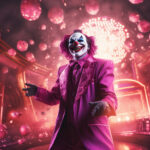 Clown in magentafarbenem Glitzeranzug tanzt umgeben von rosa Kugeln | Clown in magenta glitter suit dancing surrounded by pink floating spheres