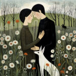 Stilisiertes Paar umarmt sich in Blumenwiese mit weißem Hund, kahle Bäume im Hintergrund | Stylized couple embracing in flower meadow with white dog, bare trees in background