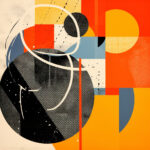 Abstrakte Komposition mit schwarzem Kreis, weißen Kurven und geometrischen Flächen in Orange, Rot, Blau | Abstract composition with black circle, white curves and geometric shapes in orange, red, blue