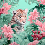 Leopard zwischen rosa Blüten und türkisen Tropenblättern, digitale Illustration | Leopard amid pink blossoms and teal tropical leaves, digital illustration
