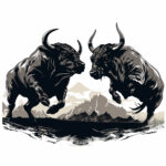 Zwei kämpfende Stiere in Schwarz-Weiß-Illustration vor Bergkulisse | Two fighting bulls in black-and-white illustration against mountain backdrop