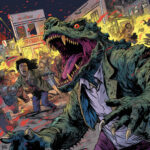 Comicillustration: Riesiges Reptilmonster mit aufgerissenem Maul attackiert fliehende Menschen | Comic illustration: Giant reptile monster with gaping jaws attacking fleeing people in a burning city