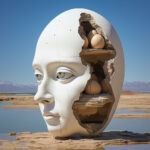 Surreale Skulptur: Weißes Menschengesicht in Wüste, Inneres mit Eiern auf Felsregalen | Surreal sculpture: white human face in desert, interior reveals eggs on rocky shelves