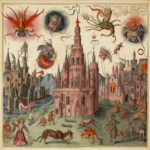 Mittelalterliche Illustration: gotische Kathedrale, fliegende Dämonen, Fabelwesen und Figuren | Medieval illustration: Gothic cathedral, flying demons, mythical creatures and figures around it