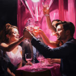 Vier feiernde Menschen stoßen Weingläser in pinkem Licht an, Ölgemälde-Stil | Four people toasting wine glasses in pink light, oil painting style