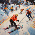 Expressives Gemälde: Gruppe bunter Skifahrer auf verschneiter Piste | Expressive painting: group of colorful skiers on a snowy slope